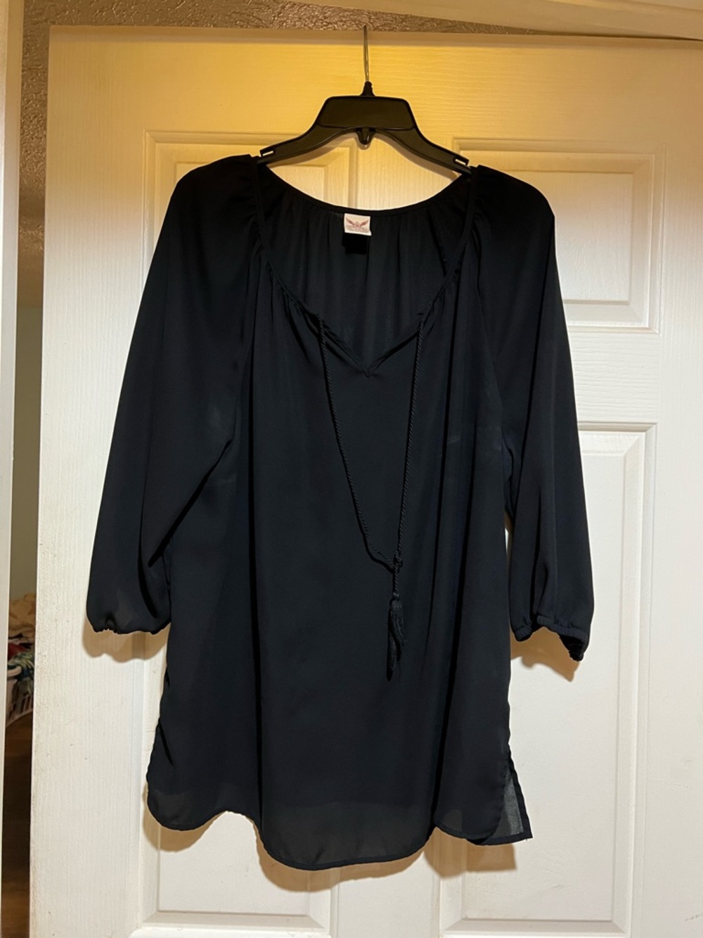 Faded Glory Black Boho Peasant Tunic with Tassel Tie